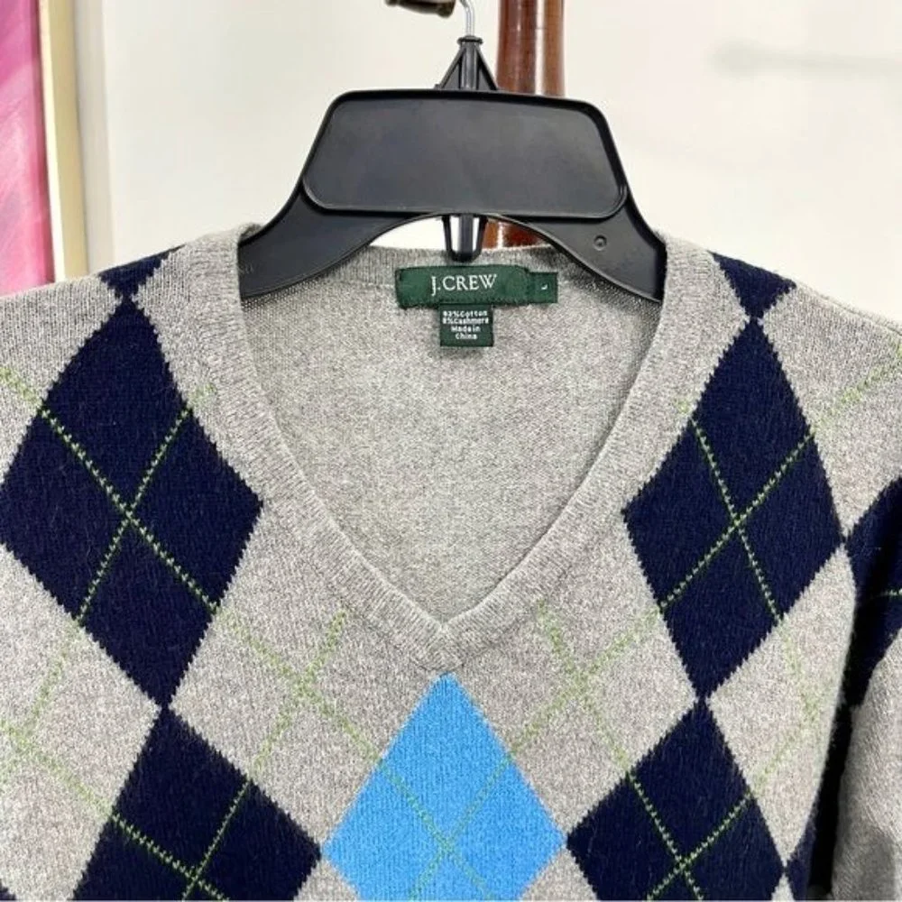 J. Crew Mens Argyle Pullover V- Neck Sweater in Gray Blue Size L - Picture 2 of 4